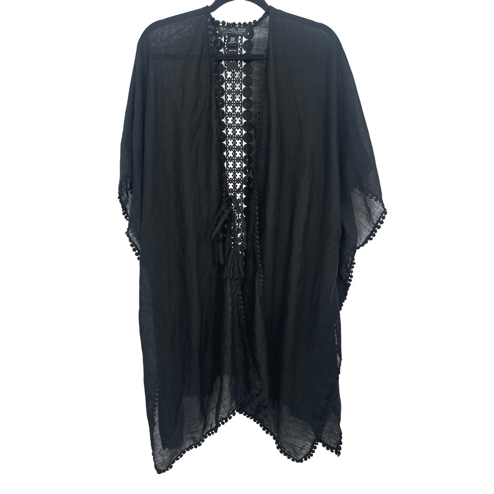 Rachel Zoe Kimono Cover Up Women OS Black Sheer Lace Pom Pom Boho Resort